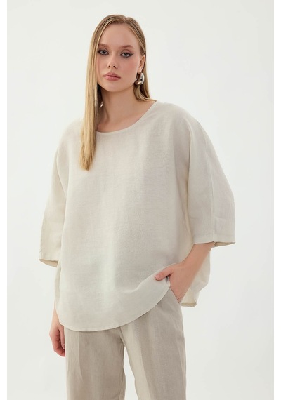 Vitrin %100 Keten Geniş Yaka Oversize Kısa Kol Bluz Taş