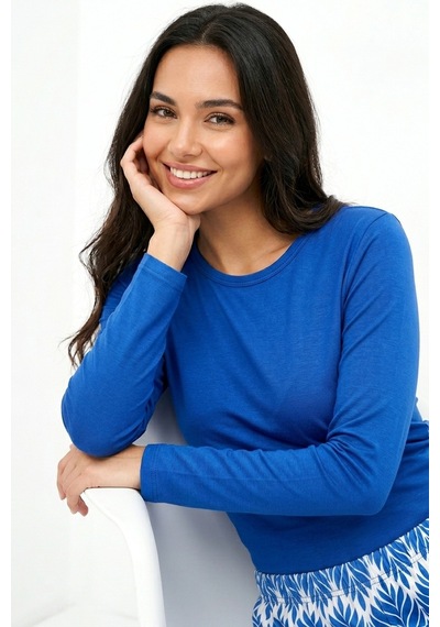 Aura Collections Kadın Desenli Bambu Viskon Uzun Kollu Soft Örme Mevsimlik Pijama Takımı Mavi