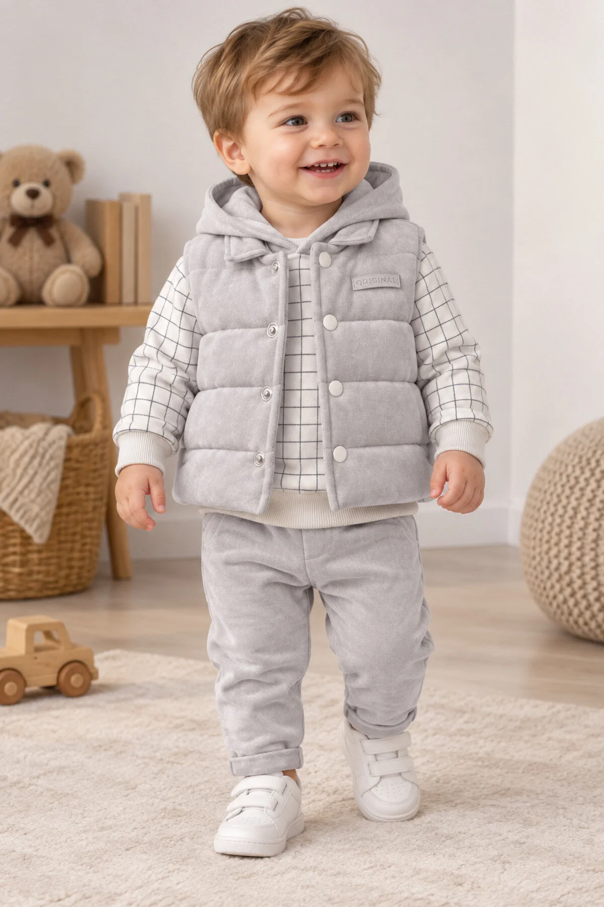 Bilge Trend Erkek Bebek Gri Kapüşonlu Sweat , Şişme Yelek , Pantolon 3 Parça Premium Seri Kışlık Takım