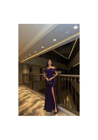 Khi-zai Kadın Modern Stil Kare Yaka Yırtmaçlı Kısa Kollu Abiye Elbise Mor