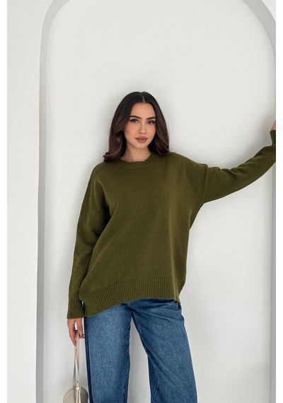 Femelle Kadın Haki Standart Beden Oversize Basic Triko Kazak - 357bnd