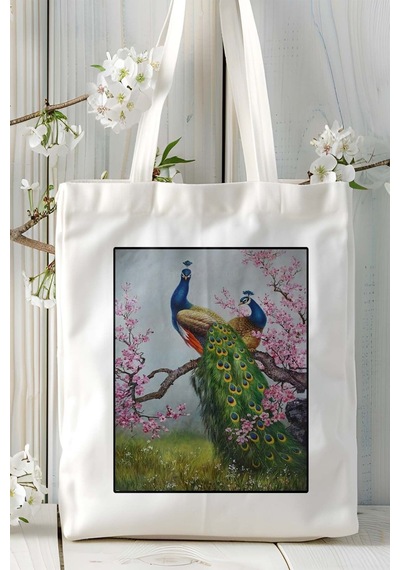 Art Hediye Tavus Kuşu Baskılı Omuz Çanta Kişiye Özel Model 13 Çok Renkli