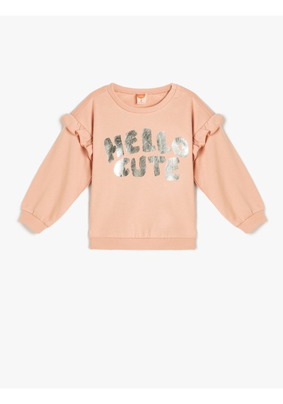 Koton Fırfırlı Sweatshirt Baskılı Uzun Kollu Bisiklet Yaka Şardonlu Pamuklu Pembe 5wmg10157ak Gülkurusu