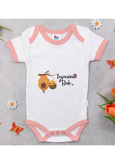 Bk Gift Bk Kids Teyzesinin Balı Tasarımlı Pembe Bebek Body Zıbın-1 12-18 Ay Sarı