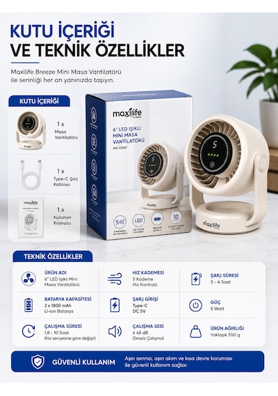 Breeze Mg-5056f 6 İnç Şarjlı Mini Masa Vantilatörü Led Göstergeli 5 Kademeli Hız Ayarlı