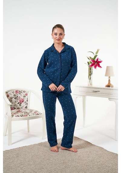 Estiva Önden Düğmeli Puantiyeli Fitilli Polar Bayan Pijama Takım Lacivert
