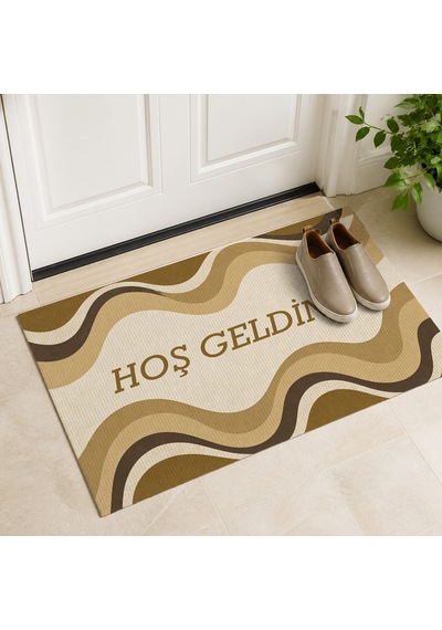 Kartela Halı Hoş Geldiniz Yazılı Retro Dalga Kapı Paspası Hardal Sarısı Kaymaz Kauçuk Taban 60x90 Cm