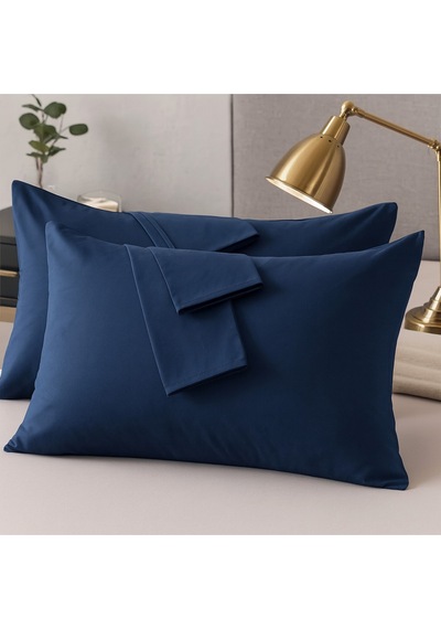 Lacivert Pamuk Kumaş Kapaklı Yastık Kılıfı 2 Adet 50 X 70 Cm
