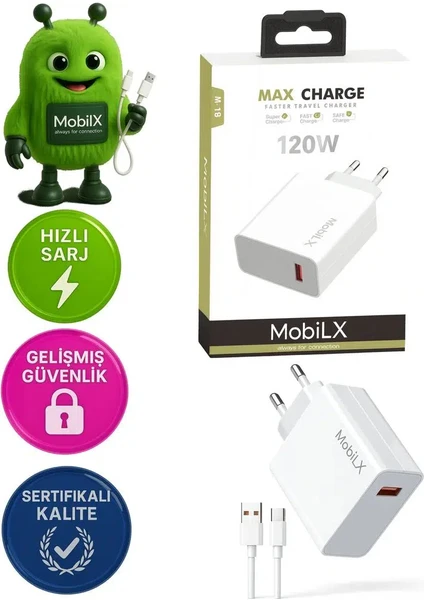 Mobilx 120 Watt Turbo Max Hızlı Şarj Aleti + Type C Usb Kablo