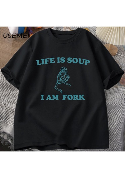 Flood Of Style Hayat Çorba Ben Çatal Kurbağa Grafik T Shirt Pamuk Unisex Komik Retro Tişört Yaz Hayvan Baskı Siyah