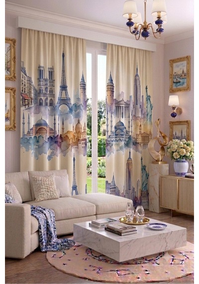Modern Vintage Desenli Fon Perdesi 140x260 Cm 2 Kanat Dekoratif Dijital Baskılı Premium Salon Oturma Odası Yatak Odası Pencere Perdesi Mor