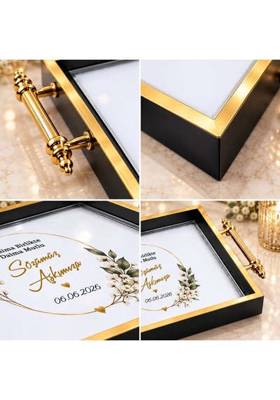 Bk Gift Kişiye Özel Siyah&gold Söz Nişan Tepsisi-5 - 39x23 Cm Çok Renkli