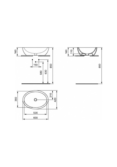 Ideal Standard Strada O Tezgah Üstü Çanak Lavabo 60x42 Cm Batarya Deliksiz Beyaz K078401