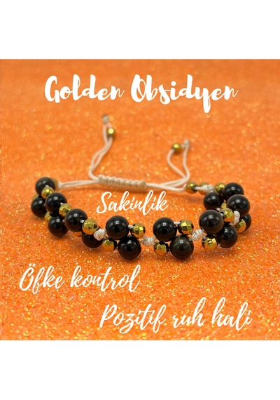 Yıldız Doğal Taş 6mm Ipli Golden Obsidyen Ayarlanabilir Ölçü Doğal Taş Bileklik Siyah