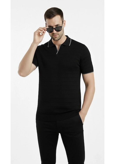 Barlashive Erkek Yazlık Dokuma Triko Tişört Düğmesiz Polo Yaka Kısa Kol T-shirt - Siyah Çok Renkli