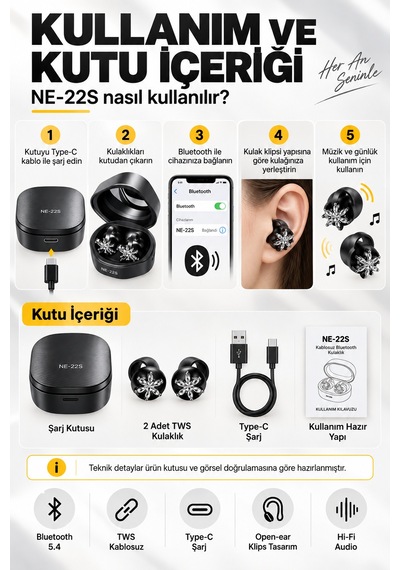 Ne-22s Tws Kablosuz Bluetooth 5.4 Open-ear Klips Küpeli Bayan Kulaklığı - Siyah