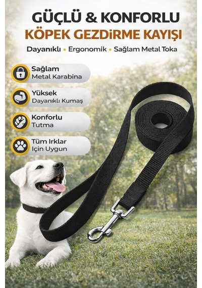 Köpek Gezdirme Kayışı Güçlü Metal Karabina Dayanıklı Konforlu Tasma Kayışı 2.5 Metre Siyah