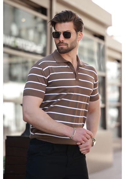 Madmext Vizon Çizgili Polo Yaka Erkek T-shirt E7405 Vizon