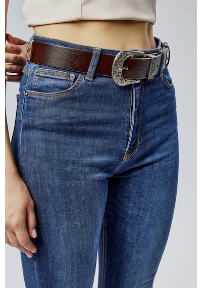 %100 Hakiki Şık Kadın Kemeri Antik Gümüş Desenli 4cm Kahverengi