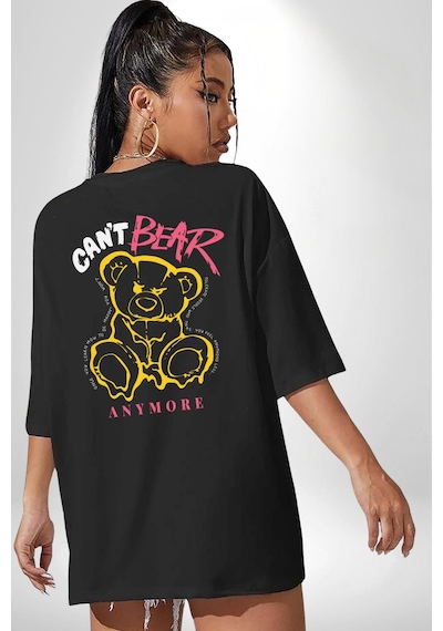 Daha Fazla Dayanamıyorum Teddy Siyah Oversize Unisex Ön Ve Sırt Baskılı Tişört Siyah