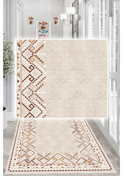 Dijital Baskılı Dekoratif Kaymaz Taban Yıkanabilir Kilim Yolluk Antre Hol Halısı Salon Halısı Krem