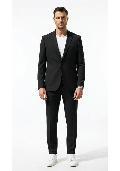 Erkek Gofre Desenli Takım Elbise Bağcıklı Pantolon Duble Paça Tek Düğme Modern Slim Fit Siyah