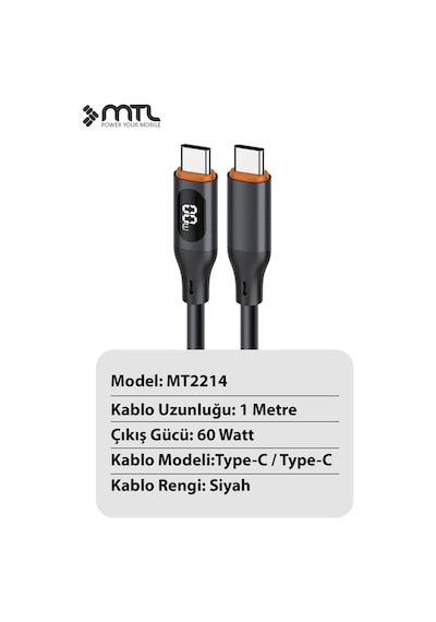 60w Type-c To Type-c Watt Göstergeli Silikon Hızlı Şarj Ve Data Aktarım Kablosu 1 Metre Mt 2214