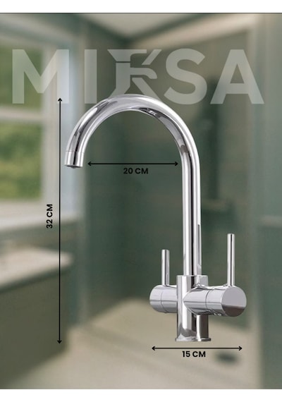 Krom Baston Borulu 3 Girişli Arıtmalı Mutfak Eviye Bataryası Musluğu