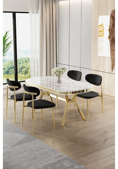Canisa Olya Serisi 90x168 Lak Panel Beyaz Mermer Desen Masa Takımı Gold Ayaklı 4 Siyah Sandalye Masa Beyaz Mermer Siyah Sandalye Canisa Olya Serisi 90x168 Lak Panel Beyaz Mermer Desen Masa Takımı Gold Ayaklı 4 Siyah Sandalye Masa Beyaz Mermer Siyah Sandalye