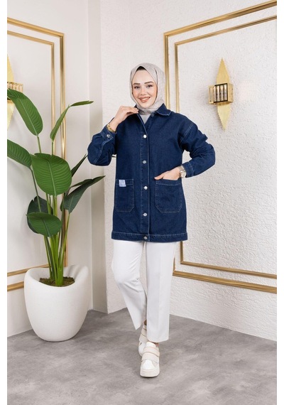 Harman Butik Kadın Cepli Düğmeli Kot Ceket Lacivert Lacivert