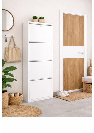 Avenza Living Kilitli 4 Kapaklı Metal Ayakkabılık - Beyaz Beyaz