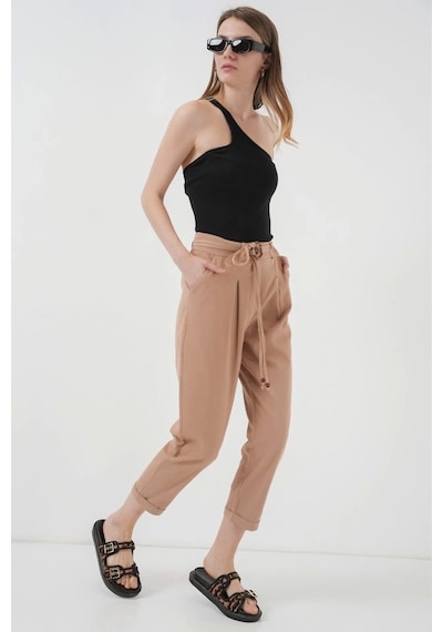 Defymoda 6660 Kemerli Keten Pantolon - Bisküvi Bisküvi