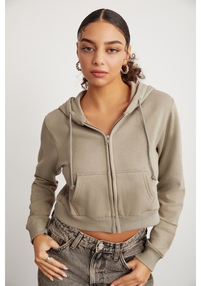 Grimelange Delıa Kadın Crop İçi Polarlı Fermuarlı Organik Pamuklu Kapüsonlu Kordonlu Bej Sweatshirt Bej