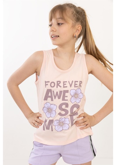 Brz Kids Baskılı Yırtmaçlı Kız Çocuk Sıfır Kol T-shirt-somon Somon