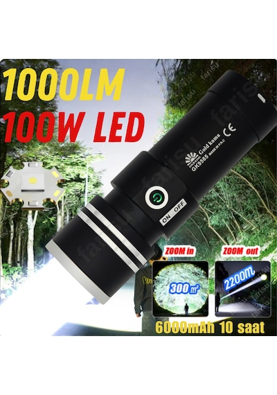 Gold Ultra Güçlü 100 Watt Full Metal Tasarım El Feneri Siyah