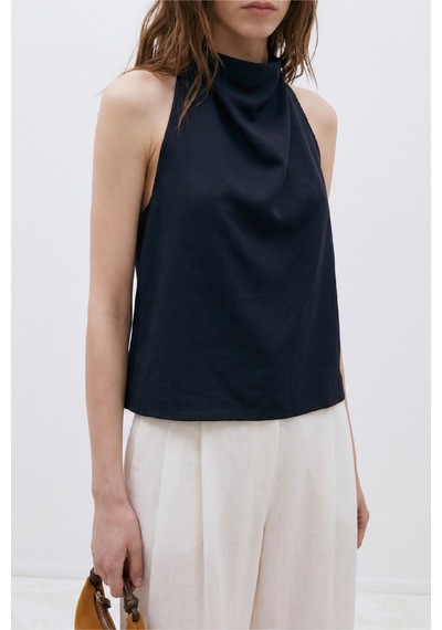 Suud Collection Lacivert Gabriel Halter Yaka Keten Bluz