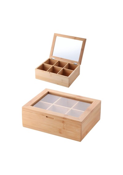 Lexroo Bambu 6 Bölmeli Çay Kutusu -%100  Bambu Mıknatıslı Kapak 21x16,5 X7cm Çok Renkli
