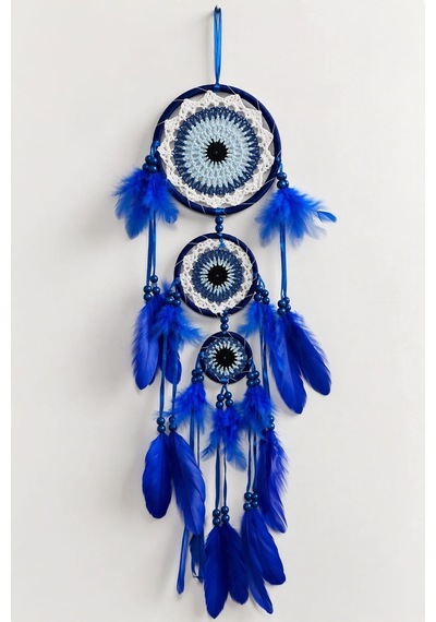 Motifli Düş Kapanı Rüya Kapanı Dream Catcher Mavi Tüylü Bohem Duvar Süsü Bohem El Yapımı Düş Kapanı