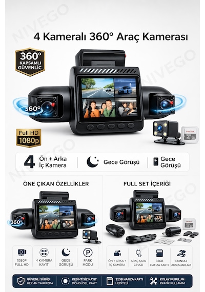 Nvg 4 Kameralı Araç Kamerası 360 Güvenlik Sistemi Ön Arka İç Kayıt Gece Görüş 170 Geniş Açı Full Hd 1080p Dash Cam