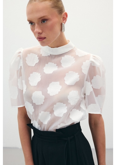 Sateen Organze Kısa Kol Bluz - Ekru-136321 Ekru
