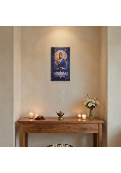 Lotus Üzerinde Buddha Ahşap Tablo - Zen & Meditasyon Duvar Dekoru - 16x28 Cm Özel Baskı Spiritüel Sanat