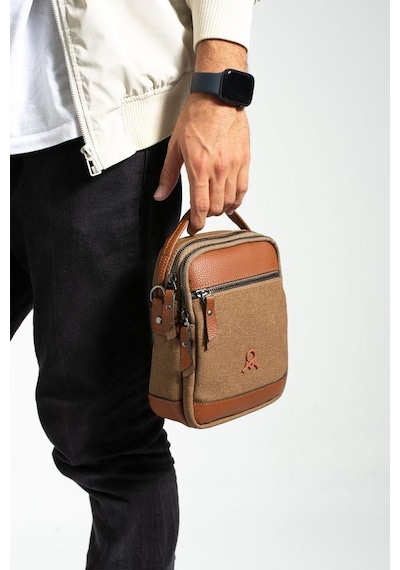 Baginn Erkek Omuz Çantası Elde Tutma 23 14 Cm Çapraz Askılı Postacı Çantası Mega Çanta Kanvas Kumaş Camel