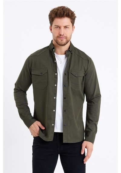 Cool Tarz Erkek Haki Çift Cepli Çıt Çıt Düğmeli Slim Fit Kot Gömlek-tcktgmlkr05s Haki Haki