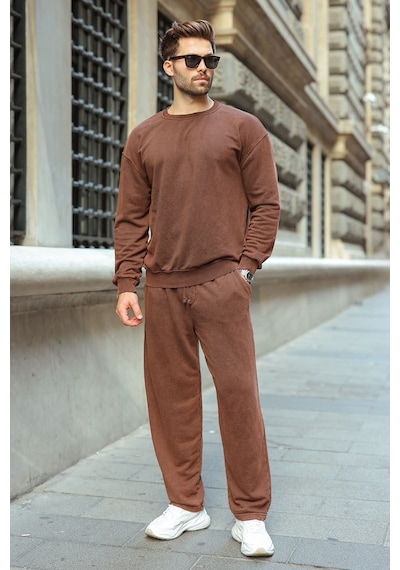 Madmext Kahverengi Yıkamalı Bisiklet Yaka Regular Fit Erkek Sweat Eşofman Takım E7369