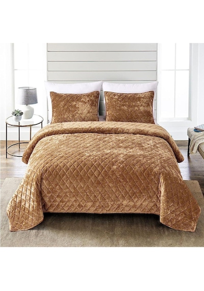 Evlen Home Kapitone Kadife Yatak Örtüsü Seti Çift Kişilik Supersoft 3 Parça Yumuşak Elyaf Dolgulu Kahve Kahverengi