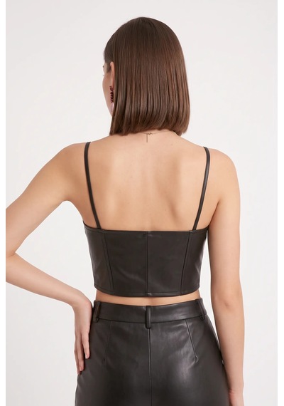 Cemo Deri İnce Askılı Büstiyer Crop Top Siyah
