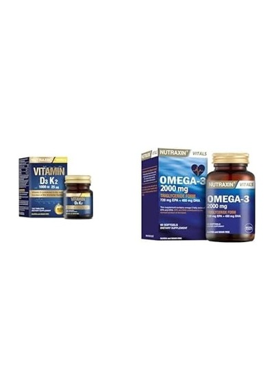 D3k2 120 Tablet - 1000 Iu D3 Vitamini, 25 Mcg K2 Vitamini + Nutraxin Vitals Omega-3 2000 Mg Epa + Dha Balık Yağı İçeren Takviye Edici Gıda, 60 Kapsül