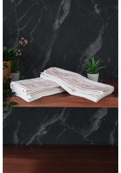 % 100 Pamuklu Kadife Güpürlü İnci Işlemeli 6 Lı Çeyizlik El Yüz Havlu Seti - 30x50 Cm - 04466 - Pembe Pembe