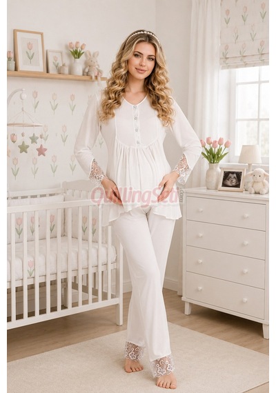 Lady Dantel Detaylı 33204 Uzun Kol, 2 Parça Lohusa Hamile Pijama Takımı Ekru