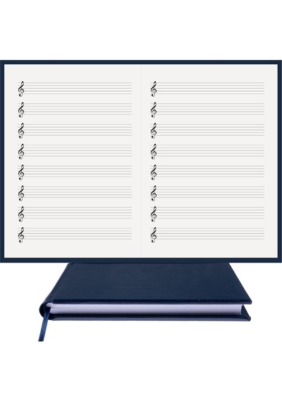 Müzik Nota Defteri - Sol Anahtarlı, Sol Kesik Çizgili % 100 El Yapımı, El Dikişi, İplik Dikiş Termo Deri A/5 - Lacivert
